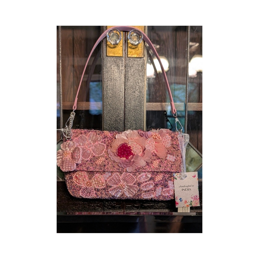 Handcrafted India Beaded Floral Sequin Evening Bag Pink Mauve Clutch Shoulder